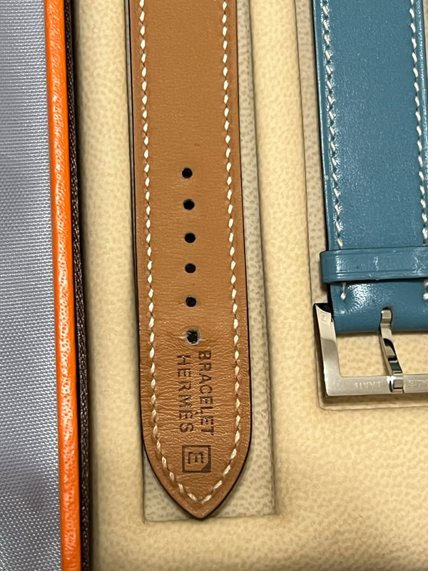 Picture of blue leather strap for Hermes Belt watch with square E stamp 
