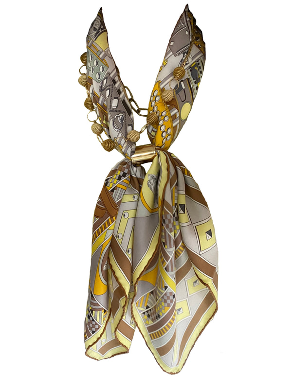 Picture of yellow and taupe Hermes scarf Colliers et Chiens by Virginia Jamin, a 90cm silk wash scarf