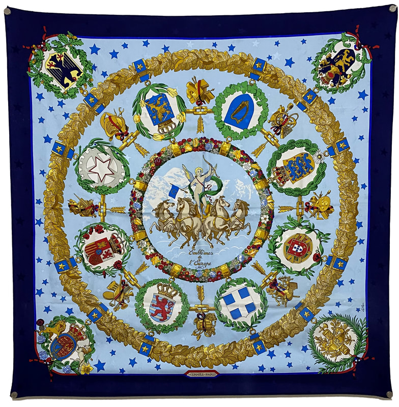 Picture of Emblemes de l'Europe, a vintage Hermes 90cm silk scarf designed by Caty Latham, blue color with star motif jacquard weave, for sale