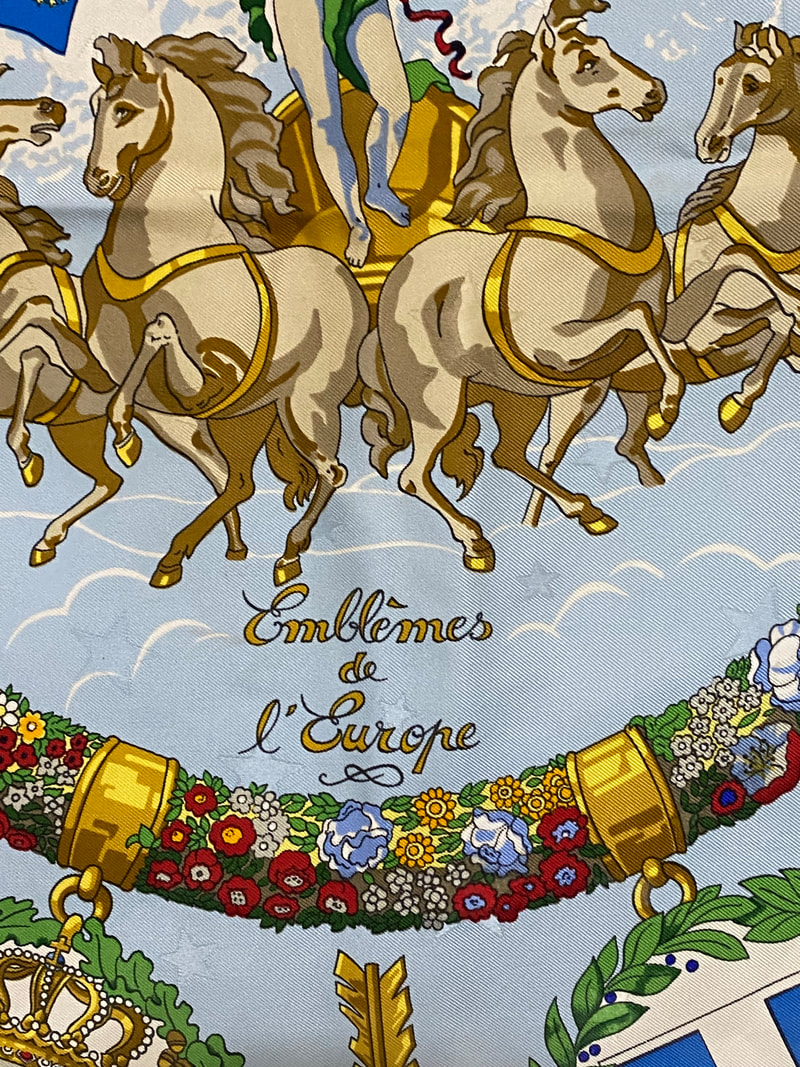 Close up picture of Emblemes de l'Europe, a vintage Hermes silk scarf designed by Caty Latham