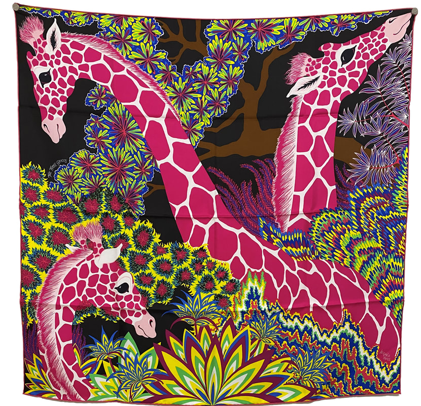 Picture of a 90cm Hermes silk scarf, 3 Graces by Alice Shirley. Pink giraffes nibbling yellow leaves on a black background