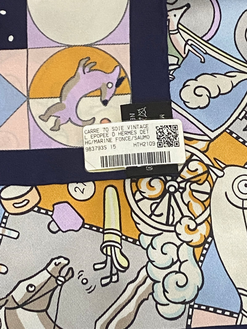 Close up picture of store tag on L'Epopee Detail 70cm Hermes silk scarf