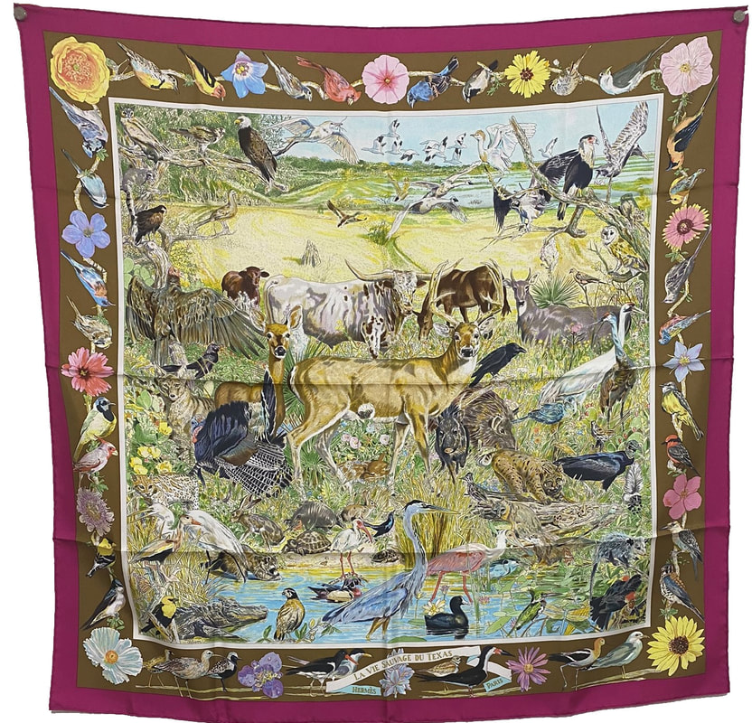 Picture of La Vie Sauvage du Texas, a 90cm Hermes silk scarf from 2015 designed by Kermit Oliver.  Tabac, vert, rose indien