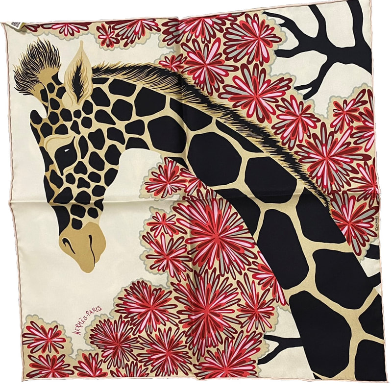 Picture of The Three Graces Zoom, a 45cm Hermes silk scarf designed by Alice Shirley. This colorway is creme/noir bleu