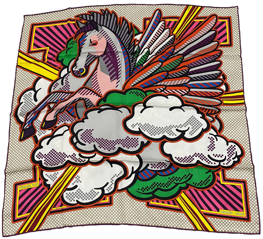 Picture of Pegase Pop, a 70cm silk scarf made by Hermes, designed by Dimitri Rybaltchenko