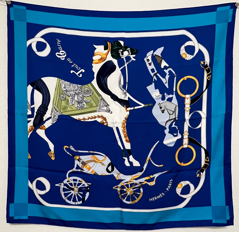 Picture of Tout en Carre, a vintage Hermes 90cm silk scarf designed by Bali Barret, blue color, for sale