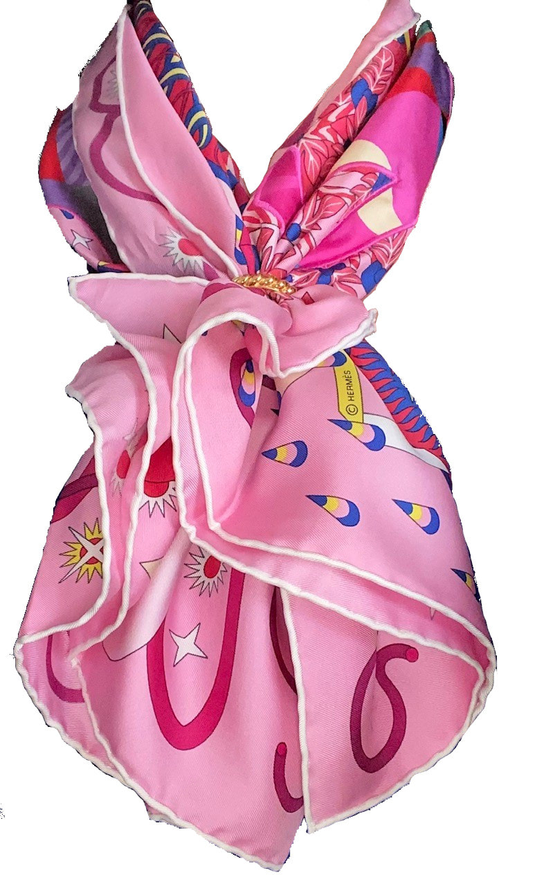 Picture of Hermes 90cm silk scarf Woof Woof, a pink colorway of La Source de Pegase by Pierre Marie, with two dogs cut from Faceties embroidered on the front