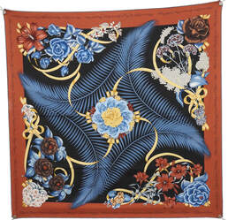 Fleurs de l'Opera, a 90cm Hermes silk scarf designed by Julia Abadie. Tabac border with light blue contrast hems, black interior with blue fronds and roses