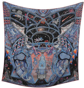 Picture of Galaxy, a 100cm cashmere mens scarf designed by Elias Kafouros for Hermes. A family visits outer space