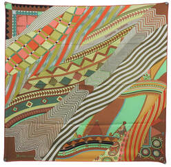 Picture of a 90cm silk Hermes scarf. Coupons Indiens was designed by Aline Honore, and features stylized swaths of fabric
