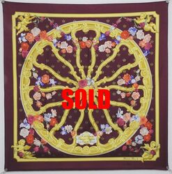 Picture of vintage Hermes 90cm silk scarf for sale, Roue Arriere du Carrosse Imperial de la Cour de Vienne, by Christiane Vauzelles, in burgundy and gold. Features large carriage wheel and roses
