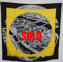 Picture of Regarde Paris, a pre-owned vintage Hermes 90cm silk scarf, in black and yellow, for sale