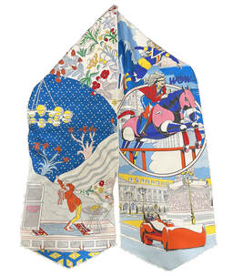 Picture of a silk Hermes muffler scarf, a mix of Wow! and Le Premier Chant. Bright blues and mauve pinks