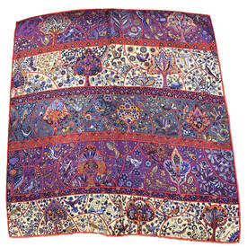 Picture of Au Pays des Oiseaux Fleurs, a 45cm silk scarf designed by Christine Henry for Hermes, Purple, orange and blue floral pattern