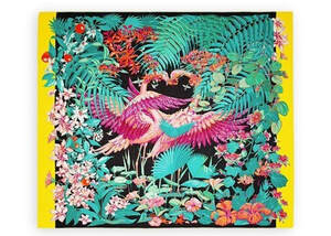 Picture of Hermes cotton pareo Flamingo Party by Toutsy. Bright yellow sides, black interior, pink flamingoes with green foliage