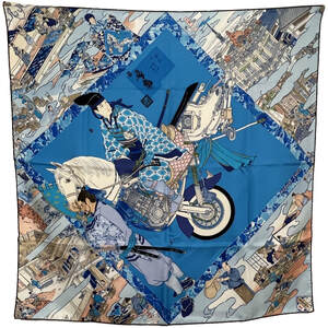 Picture of Les Artisans, a blue 90cm Hermes silk scarf designed by Akira Yamaguchi which blends Japanese and French imagery