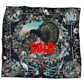 Picture of Kermit Oliver's 2011 Hermes 70cm silk scarf Faune et Flore du Texas in colorway 02, black, anthracite, turquoise for sale