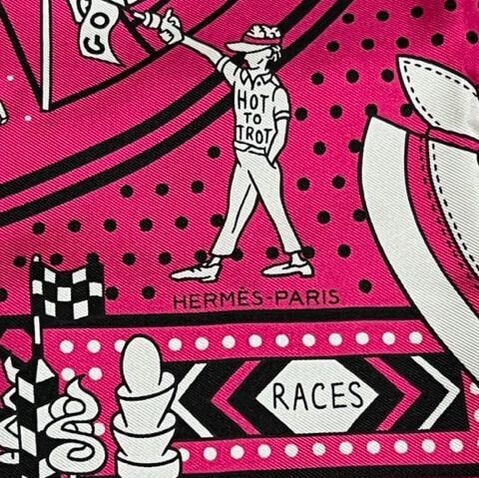 Picture of Hermes 55cm silk bandana scarf Hot to Trot, a bright pink, black and white scarf, designed by Liz Vegas