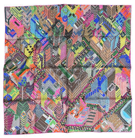 Picture of Pantin City, a 90cm Hermes silk scarf designed by Mamadou Cisse for the Fall Winter 2023 collection. a Brightly colored city viewed from above. Metallic ink
