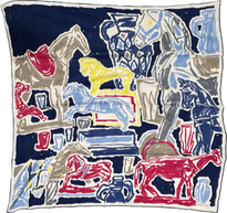 Picture oh Hermes 100cm men's cashmere blend scarf, Chevaux de la Collection. Designed by Alexandre Benjamin Navet in 2023. navy, taupe, hot pink, yellow