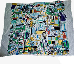 Picture of Hermes 100% cotton pareo, Modernisme Tropical by Filipe Jardim. Released in 2016. Light blue with abstract design in yellow, black, blue and green