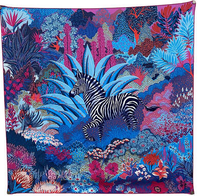 Picture of a 90cm Hermes silk scarf, Mountain Zebra by Alice Shirley. Blue, pink, red