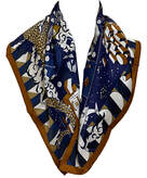 Picture of L'Epopee Detail, a 70cm scarf designed by Jan Bajtlik for Hermes. Brown, Navy Blue, tied in a cowboy knot