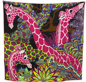 Picture of a 90cm Hermes silk scarf, The Three Graces by Alice Shirley. Three giraffes grazing in acadia trees. Pink giraffes with yellow, blue and purple leaves, chocolate brown background