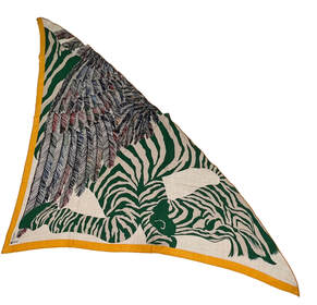 Picture of Hermes cashmere giant triangle scarf Zebra Pegasus by Alice Shirley. Green zebra with multicolored feathers with a mustard yellow border and hem