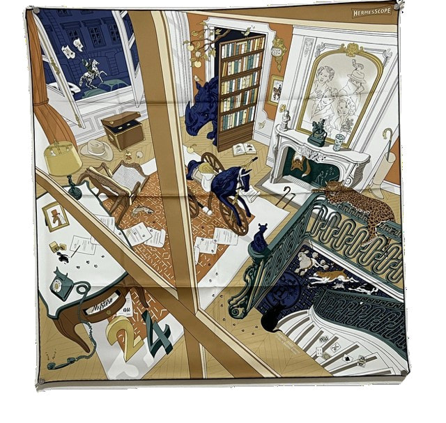 Picture of 90cm Hermes silk scarf, Mystery au 24 by Jonathan Burton. Released in Spring summer 2024 collection. Golden brown room depicting 24 Faubourg, with mysterious activity like a blue rhino and leopard in the stairwell